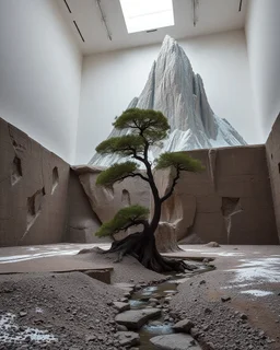 Photograph, NO PEOPLE, a mass of terrain, giant museum space, tree, high walls, high peak in a room, rag, powder, brook, sediments, deflagration of the background, geological formation, light, architecture, minimalist, details of the terrain very accentuated, 8k, deep 3d field, sharp, brutalist, hasselblad h6d400c --ar 85:128 --v 6.0