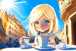 contented cute blonde blue eyed chibi girl drinking coffee in Italy in sunshine