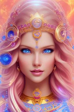 rank,long blond hair, hand with five perfect detailled finger , amazing big blue eyes, smiling mouth, high definitionlips, cosmic happiness,bright colors, bleue. pink, gold, jewels,realistic,realphoto,brightandsunny background,very detailed, high contrast high definition 8k, pixel 512 x312 unreal engine