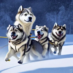 Create an image of sledge dogs that drag a sled in the snowy expanses of Alaska on which sit four Eskimo children dressed in white bear fur coats, the sled makes deep tracks in the snow, in the background of his circle in front of which stands an Eskimo hunter with a catch of fish, afternoon photo, outdoor photo, photo Realistic, 18K, wide lens