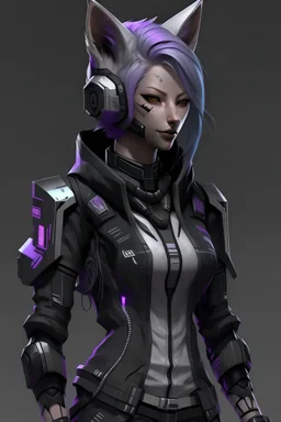 Kitsune female with black, grey, white, and purple coloration and clothing in a realistic style cyberpunk