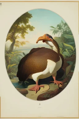 John James Audubon-like illustration of a fully uncropped Dodo bird and a Platypus in a landscape of warm yellows, warm reds, and warm blues