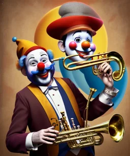 happy and funny old friendly clown with round head and trimmed beard playing jazz with a steampunk theme, trumpet on mouth, carnival, dreamy