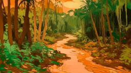 A light rosy orange rainforest with a toxic river painted by Vincent van Gogh