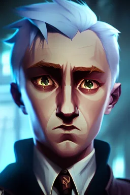 portrait, Draco Malfoy, Harry Potter, post-apocalyptic in a cyberpunk city, realistic, intriacte detail, sci-fi fantasy style, volumetric lighting, highly detailed, cinamatic, deep colours, 8k