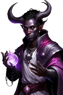 En Young male black skin black hair tiefling Wizard with large horns glowing Purple symbols Everywhere on his body. He's wearing silver and White Rope and a silver cloak. His horn a perfectly place on acet from the front to the back pointing upwards with glowing Red cat Eyes. His close is elegant get simple. Casting and ice spell