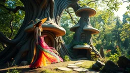 A slender, witchy woman in a flowing, colourful, wispy dress, holding a long, twisted staff, standing outside a gnarly, ancient, large mushroom house built into a tree, surrounded by lush, vibrant, Pandora-like woodland, on a bright, sunny day, with warm, golden light.