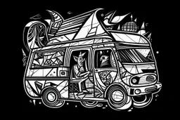 camper van life style of picasso black and white abstract shapes