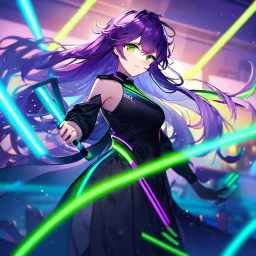 girl, masterpiece, best quality, volumetric lighting, dynamic pose, detailed outfit, perfect eyes, purple hair, green eyes, messy hair, long hair, neon lights,