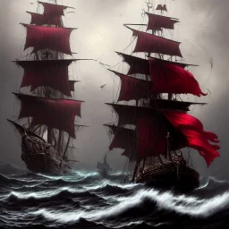 a pirate warrior in dark red and black on the mast of a ship, a highly detailed illustration, background of giant crashing ocean waves, realistic render, 8 k, micro detail, intricate, elegant, centered, digital painting, Artstation, smooth, sharp focus, illustration, artgerm, tomasz alen kopera, peter mohrbacher, donato giancola, joseph christian leyendecker, wlop, boris vallejo