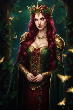 Burgundy hair, dark hair,dark red , rapunzel hair,very long hair,dark fairy princess,elven crown,night,dragonflies,beautiful,ong ashes,golden armor ,sparkle,night blooming,ivy,dark green,lilly of valley,golden elven crown,elven warrior,dark gold armor,extremely long hair