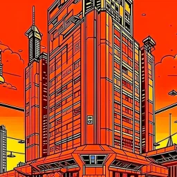 cyberpunk retro futuristic for comics skyscraper from far away in orange