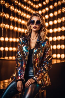 Full body Real photography beautiful woman super model European on fashion style dressing luxury jacket diamonds patterns,sunglasses,turn on music DJ player in disco club