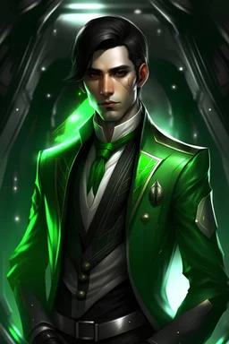galactic man black haired green eyed suit dressed nice lips tall cavalry