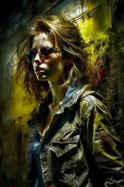 Girl wearing sunglasses, in dynamic composition, finely artistic random pose, airbrush and graffiti techniques, Jose Royo style, Boris Vallejo, Carne Griffiths, Wadim Kashin, Alyssa Monks, Brian Froud, Mike Deodato, atmosphere of darkness and horror, dramatic light, highly detailed, filled with hidden details, hyper realistic, in the style of wallpaper portraits, bold and colorful graphics, realistic attention to detail, highly detailed and colorful realism, UHD, 8K