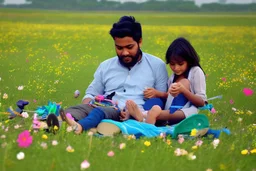 a father, a girl and a boy with a kite flying in the sky on the green field with flowers in sunshine