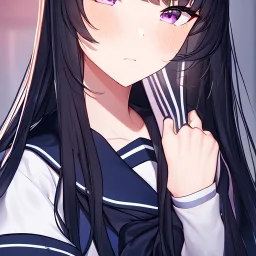 Clear focus,High resolution,8k,High quality, Black long straight hair, Long bangs, and purple eyes, wearing a sailor uniform, Extreme Close up