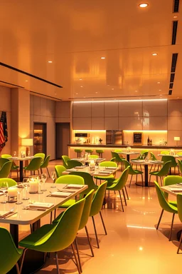 A 3D hyperrealistic image in 4K resolution of a modern party and birthday room approximately 100 square meters in size, with elegantly arranged tables, vibrant green chairs, and an abundance of warm soft light casting a celebratory ambiance, featuring a sleek kitchenette with stainless steel appliances and polished countertops, where guests can gather and mingle, surrounded by the warm glow of tabletop lamps and the subtle sheen of glossy flooring, with every detail meticulously rendered to crea