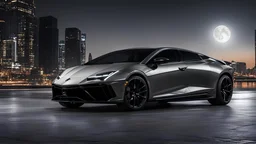 2023 Lamborghini Avendor black and gray with night light downtown background and moonlight landscape, highly detailed 8k resolution high contrast, intricate details,