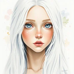 A young woman with long white hair, white eyebrows, silver eyes, long eyelashes, very pale complexion, ((very shy)), watercolor splotchy background, soft brushstrokes, intricately detailed