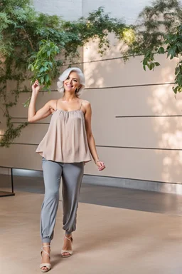 full body of very beautiful girl wearing pants and blouse ,white gray hair ,standing idle happy pose in studio pretty makeup