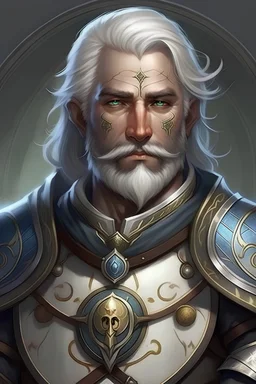 Please create an image for a 30-year old half-aasimar male with silver hair and a short, square beard and blue eyes. He is a cleric of Selune, whose symbol should be placed on the cleric's shield, if visible in the image. The cleric should be wearing either medium or heavy armor, and carrying a warhammer or a mace and a shield