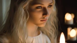 Closeup of a beautiful caucasian 17 year old girl with long platinum blonde hair. She is wearing a white nightgown. She is in a a bedroom lit by candles. Her face is well lit by candlelight. She is gazing at the viewer.