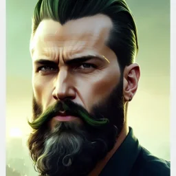 "MIddle aged white human male, with a trimmed but uneven beard, piercing green eyes with slick back hair,complete head and shoulders portrait, 8k resolution concept art portrait by Greg Rutkowski, Artgerm, WLOP, Alphonse Mucha dynamic lighting hyperdetailed intricately detailed Splash art trending on Artstation triadic colors Unreal Engine 5 volumetric lighting Splash art fantasy"