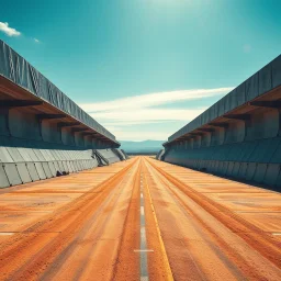 Photograph, bright reflective aluminum cover, limit of the world, Highway rest area with steep walls and empty spacious parking spaces, Truman show, brutalist concrete architecture, Bau zone, all'aria aperta, rocce, sky, brutalist, liquid, polvere, red spot, open air museum style, blue wire, apparecchi elettronici, powder, punto, minimalist, details of the dust very accentuated, deep 3d field