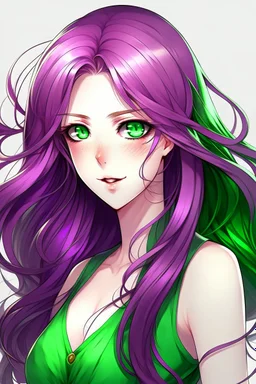 beautiful curvy woman with green eyes and long purple hair anime