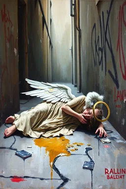 Abstract grunge oil painting of an Urban alley grunge scene, fallen angel laying on ground in ripped robes, white stained wings, feathers misplaced, slight glowing, but broken halo. Dirty walls, graffiti in Latin, oil on the ground. Harsh shadows and goth undertones. areal view looking down , messy brush strokes, close up