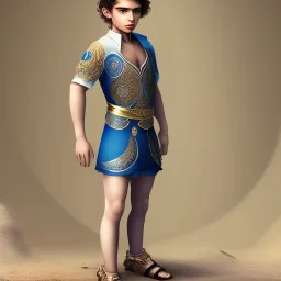 beautiful 12 year old arabic boy with curly hair and light blue eyes, free upper body, dressed only with loin