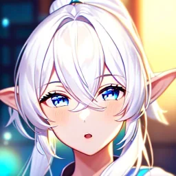 Clear focus, 8k, beautiful lighting, vibrant colors, Elf, White hair, ponytail, hair in between the eyes, up close,