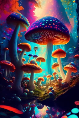 A colorful and dreamy picture, a world full of magic mushrooms