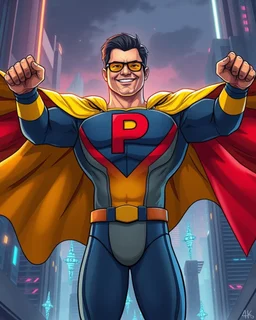 Stunning illustration in ultra high definition 4K of Gustavo Petro as a superhero, with a cape with the colors of the Colombian flag yellow, blue and red. Superhero Petro has a chiseled face, a confident smile, and a strong, muscular build. Standing tall, arms outstretched, cape billowing behind him. The superhero costume is stylish and modern, with the letter "P" on the chest. The background is a futuristic and dystopian cityscape