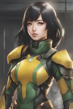 a young female Yuantai with black hair green skin and yellow eyes in stealth armor