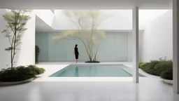 Woman in the foreground dressed in white in a bright white minimalist interior courtyard where the murmur of water whispers and the shadows of some leaves of nearby plants sway