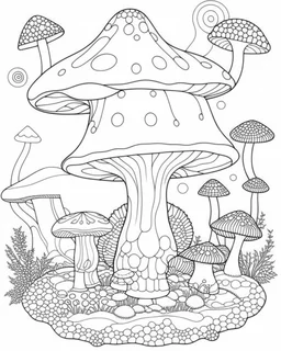 Coloring pages: Whimsical lion in A magical mushroom haven, complete with whimsical fairy houses and enchanting toadstools.