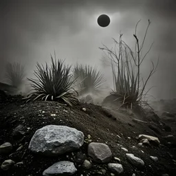 A striking quality Kodak photograph captures a wasteland with oddities and group of plants, creepy, details of the dust very accentuated, Yves Tanguy, Ernst Haekel, glossy organic mass, adorned with minerals and rocks. Bathed in intense light, eerie, Max Ernst style, black sun, fog