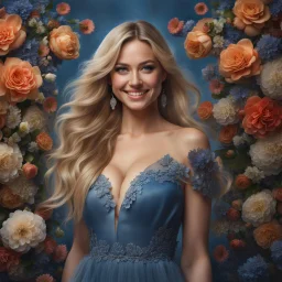 (best quality, 4k, 8k, highres, masterpiece:1.2), ultra-detailed, (realistic, photorealistic, photo-realistic:1.37),hyper realistic, full body gorgeous smiling 1woman,long hair,looking at viewer,realistic proportions,blue eyes,hair ornament,transparent top dress,very long hair,flower,blonde hair,parted lips,necklace,white dress,blonde hair,lips,blurry pastel background,freckles,realistic,head wreath, pink flower,realistic portrait, dreamy fantasy landscape countryside,great pespective,crystal