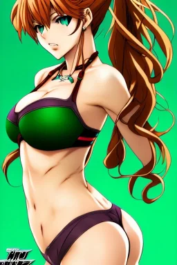 In the style of Shirow, hyper detailed, strikingly beautiful teen female, 16 years old, long ponytail, ginger hair, green eyes, medium freckles, full lips, full body, full face, tiny breasts, athletic, centred camera, ignore NSFW, bikini, athletic