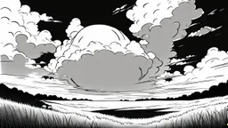floating eye, anime, monochrome, black background, ink, simple, maximum quality, broken hinge, barely functioning, centered on frame, far view, in the middle of a grassy hill, white sky with cumulonimbus