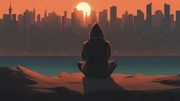 A guy in a hoodie sitting and smocking on a cliff in front of a city with sydney-like skyscrapers, in a sunrise. view from behind. Arcane french animation style, but the sunrise is more abstract malevich-style