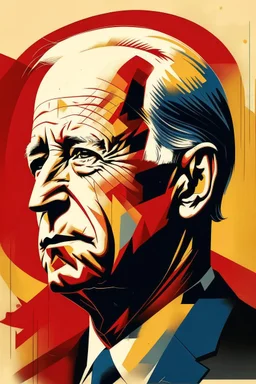 stylized stencil portrait of Joe biden in solid red, beige and dark blue with the the script 遵守 on the bottom of the image in yellow with a hammer and sickle in the background