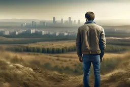 a man, dressed in jeans and jacket, standing, looking straight ahead, with the city behind him, on land out of the city, dirt terrain and low vegetation realism, photography of reality, real, 16K, warm light