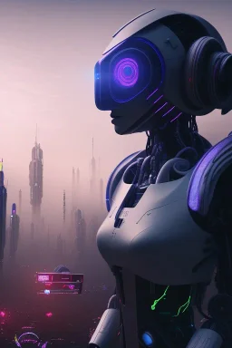 projection of an AI head hovering over an cyberpunk landscape in the distance, a small human walking towards the head, high quality, 4k resolution, high details