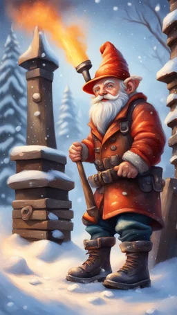 postcard portrait of bard post man sexy gnome fire man with old boots, sledge hammer and chissel in the snow garden holding a tower fortification, magazine cover illustration with oil paint and spray paint, signed, bokeh like, down-light, unreal engine, prize winning