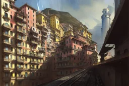 Close up Train head+metro station+Elevated Train pass+trains+corner building on sea+riomaggiore+corniglia+genoa street+Italian medieval town+sea+alphonse mucha, greg rutkowski,matte painting, cryengine, hyper detailed, felix kelly, fantasy art, seb mckinnon