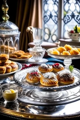 Homemade baked goods and biscuits in a luxurious crystal plate on a beautiful table