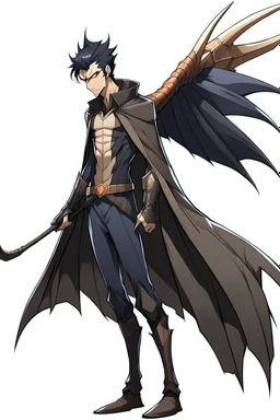 Anime man side character with dark , hybrid with Pteranodon wings,small muscles, aged 30, wearing a Pteranodon superhero suit ,anime